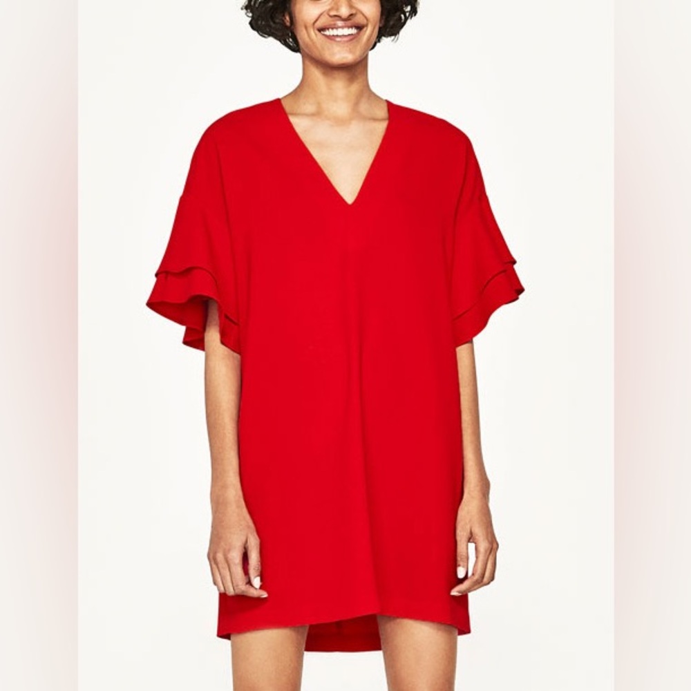 V-Neck Shift Dress with Ruffle Sleeve